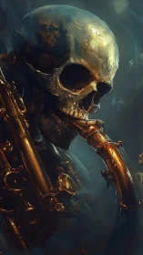 Midnight skeleton croons jazz through a molten saxophone