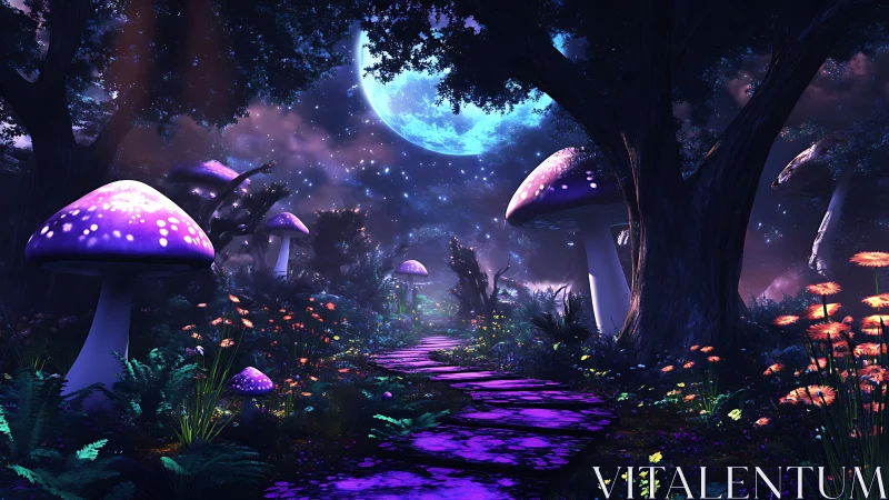 Luminous Fungal Forest Path under Bioluminescent Lunar Sky.