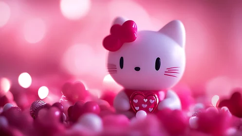 Hello Kitty Character with Rose Bow Against Bokeh Background.