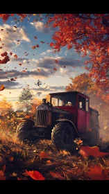 Rustic red truck resting under swirling autumn leaves.
