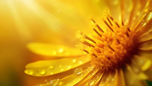 Macro optical study of dew-laden yellow daisy florets.
