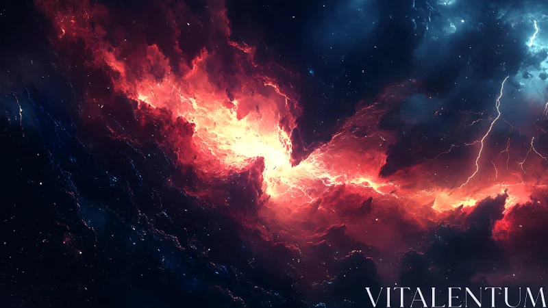 Stellar nebula rift with electric crimson plasma core.