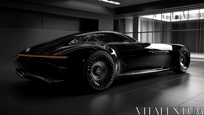 Sleek black concept supercar glows in a futuristic studio.