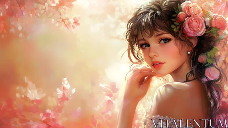 Floral-crowned girl glows in dreamy spring sunlight portrait.