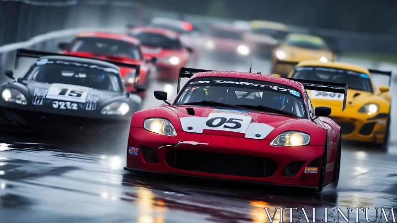 Sports cars racing on wet circuit under rainy conditions.