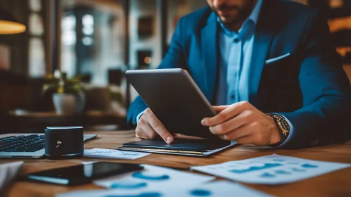 Modern Professional Workspace: Digital Device Interaction and Data Analysis.