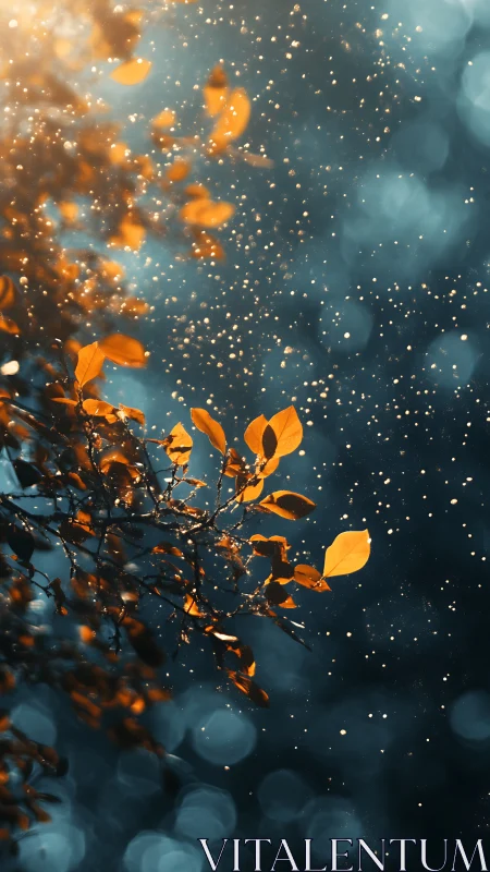 Autumn leaves glow against teal bokeh and drifting pollen.