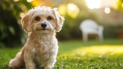 Small light-colored dog on lawn in softly lit garden.