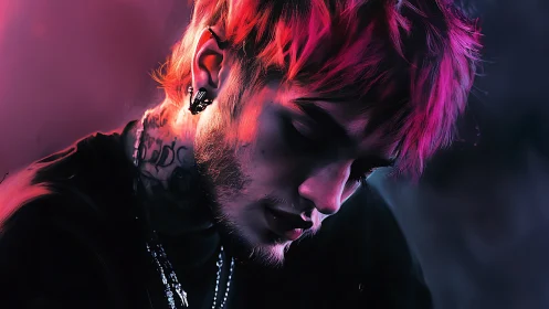 Neon-lit melancholic portrait in cinematic digital painting style.