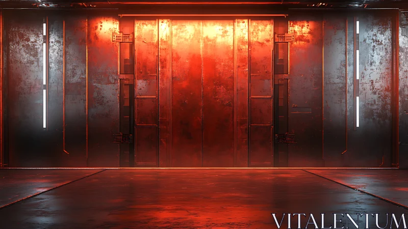 Glowing sci fi hangar doorway wrapped in warm red light.