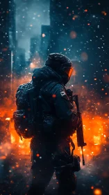 Heavily armed soldier stands in burning snowy city street.