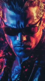 Moody neon portrait of a cool man in dark sunglasses.