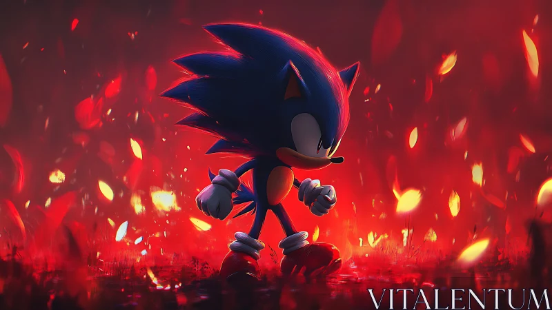 Blue hedgehog hero in fiery red glowing battlefield scene.