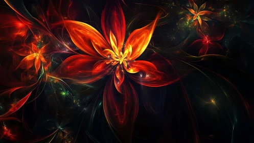 Fractal floral forms with luminous red and orange petals.