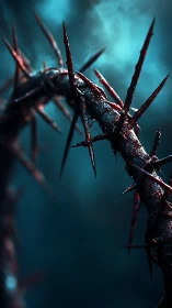 Curved bloodstained thorn vine cuts through cold teal haze