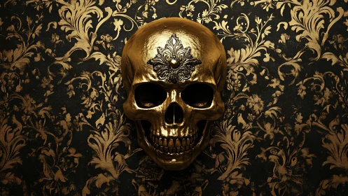 Gilded skull in baroque bloom, grinning at midnight opulence.
