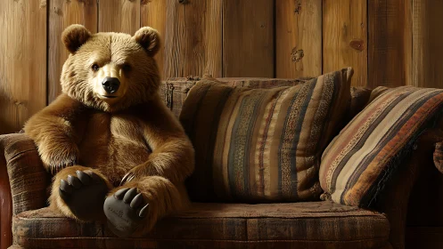 Anthropomorphic teddy bear on rustic sofa, high-detail render.