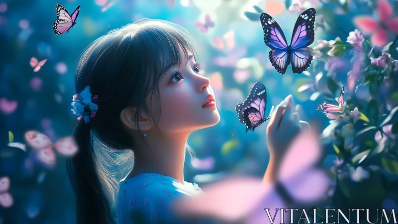 Girl in dreamy garden surrounded by glowing butterflies.