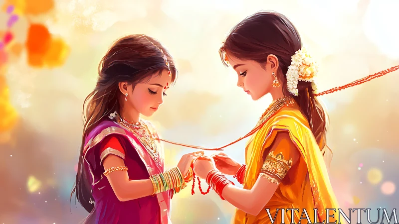 Two young girls in traditional Indian attire, digital art style.