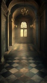 Whispering baroque corridor in hazy candlelit twilight.