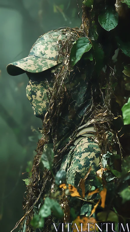 Forest pattern and patient stillness in quiet camouflage.