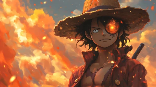 Fiery sky hero standing strong in warm glowing light.