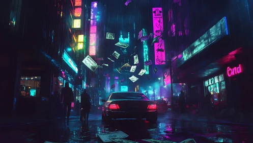 Neon soaked alley with raining banknotes and idling sedan at night.