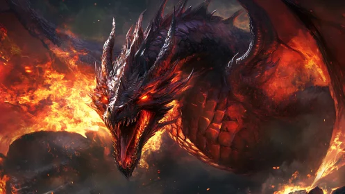 Fire-breathing dragon emerging from intense flames.