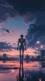 Neon-suited sentinel quietly measures the city’s first stars