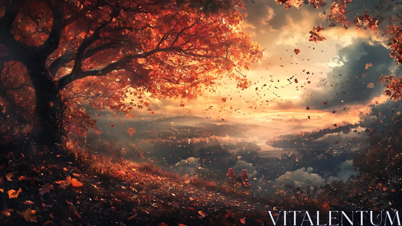 Golden autumn hillside at sunset with drifting leaves.