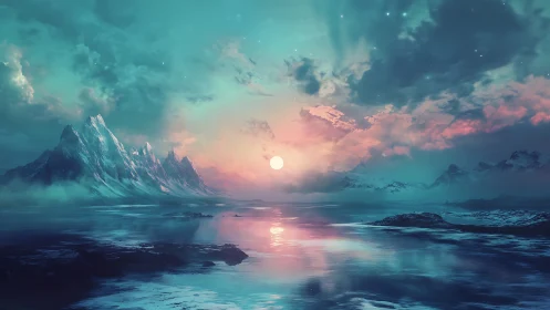 Bioluminescent polar seascape with twin-peaked glacial range