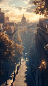 Cinematic twilight city avenue with domed skyline perspective.