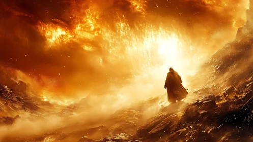 Lone robed figure walks across fiery, misty volcanic slope