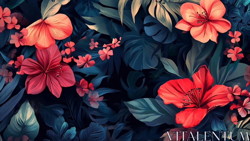 Tropical Florals Against Deep Ocean Backdrop. Digital.