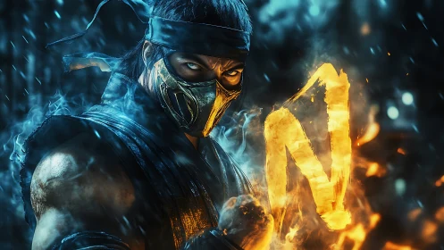 Masked cyber ninja with fiery glyph and blue atmospheric smoke