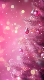 Pink artificial Christmas tree with baubles is shown