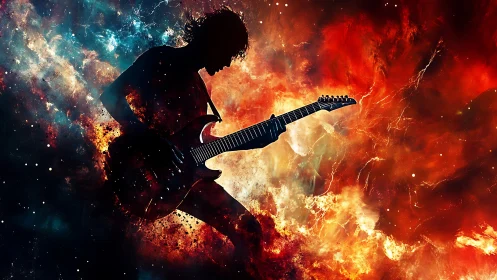 Cosmic guitarist shredding through swirling stardust skies.