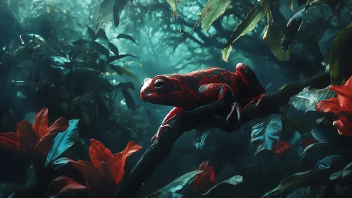 Bioluminescent red frog poised on misty jungle branch.