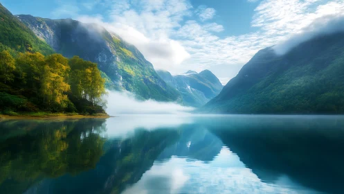 Low-lying fog drifts through a reflective glacial fjord valley