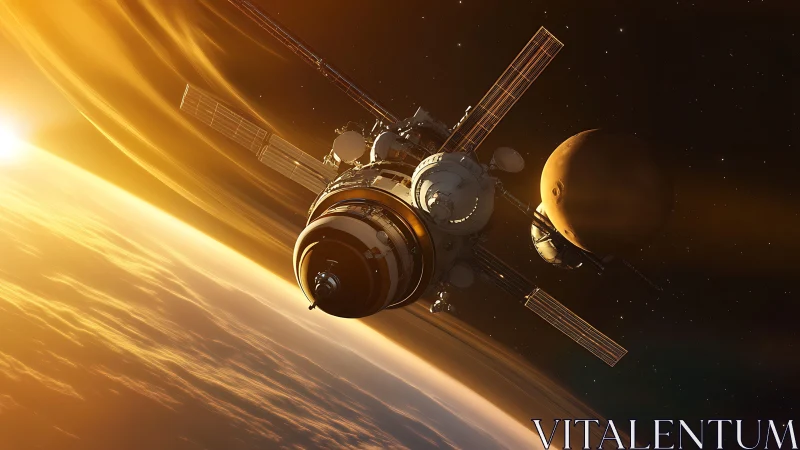 Solar-kissed orbital rover gliding between worlds at dawn.