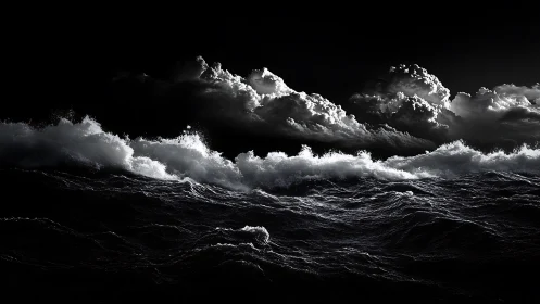 Monochrome seascape depicts turbulent waves under dense clouds