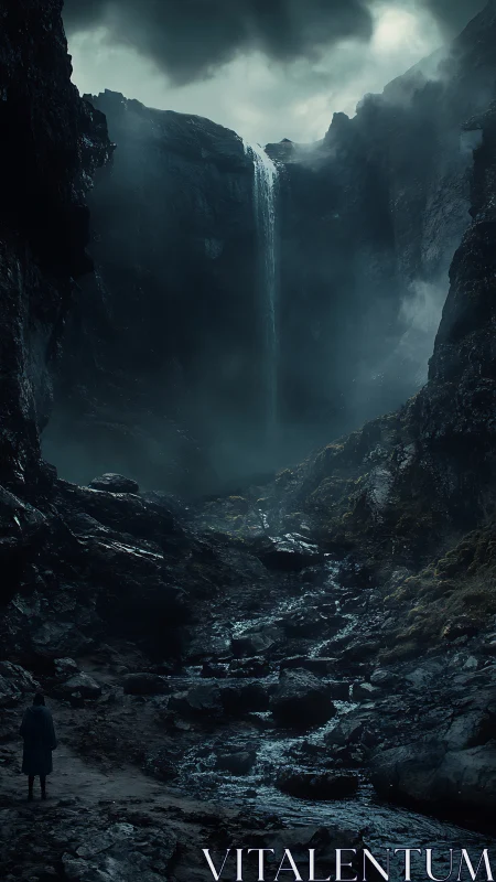 Solitary wanderer below storm-laden cinematic waterfall gorge.