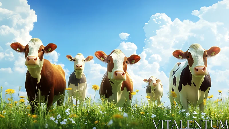 Sunny meadow cows gathering under a bright blue sky.