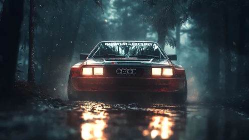 Rally car powers through misty forest night roadway.