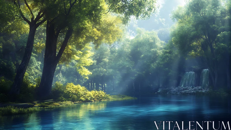 Luminescent Forest Waterway: Volumetric Light Through Cathedral Trees