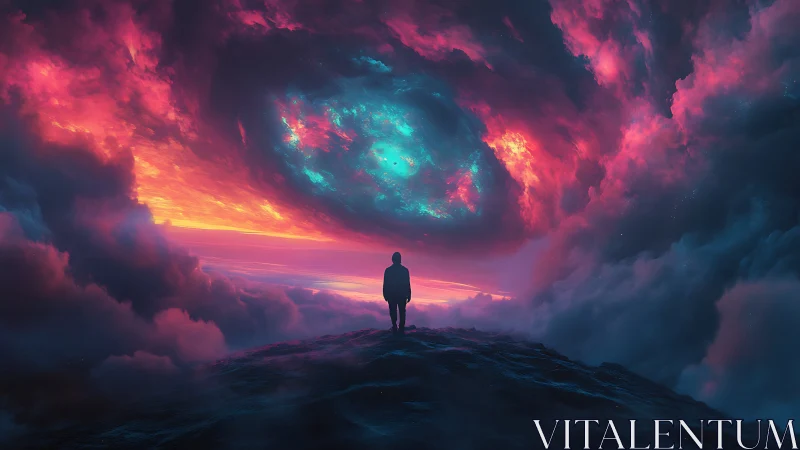 Silhouetted wanderer contemplates a cosmic storm of neon clouds