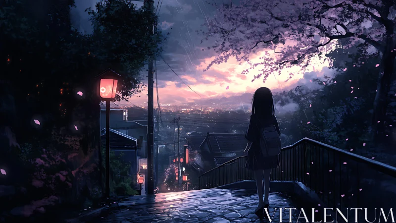 Twilight hillside path with girl overlooking luminous cityscape.