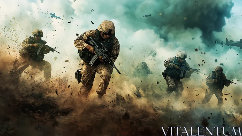 Modern soldiers advancing through dense battlefield smoke.