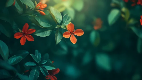 Red-Orange Flowers in Focused Depth of Field with Lush Green Foliage