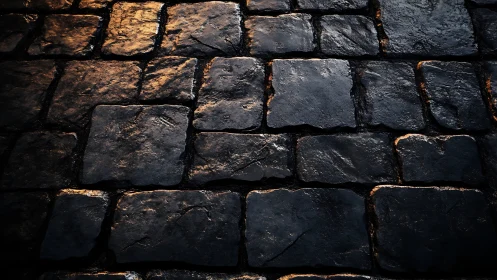 Weathered cobblestone pavement under low directional light.